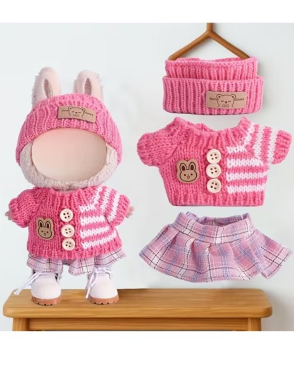 LABUBU Doll Clothes (3-Pc) Pink Sweater, Plaid Skirt & Hat (NEW & SO CUTE!)